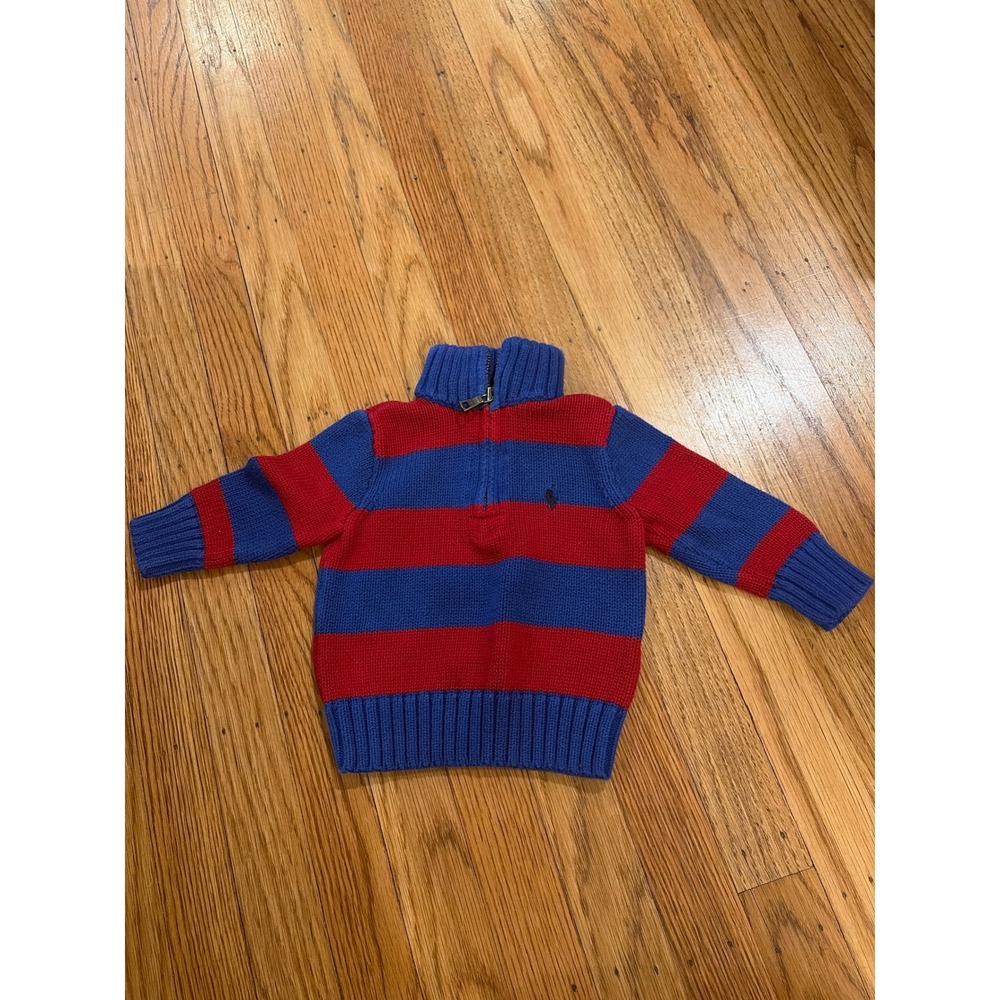 Polo Ralph Lauren Baby Boy Red Blue Striped Quarter Zip Cotton Sweater 9M